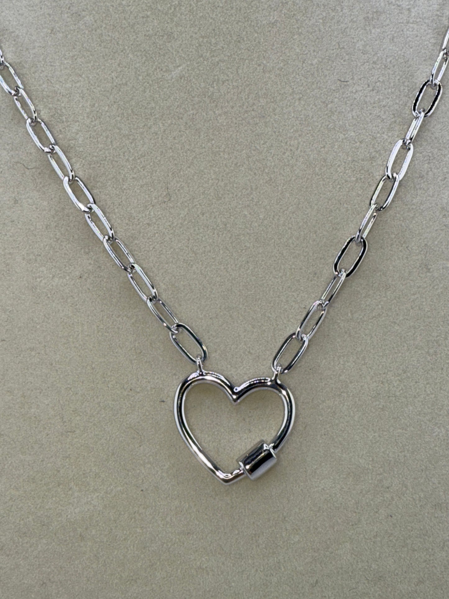 Sterling Silver, Heart Carabiner Paperclip Necklace