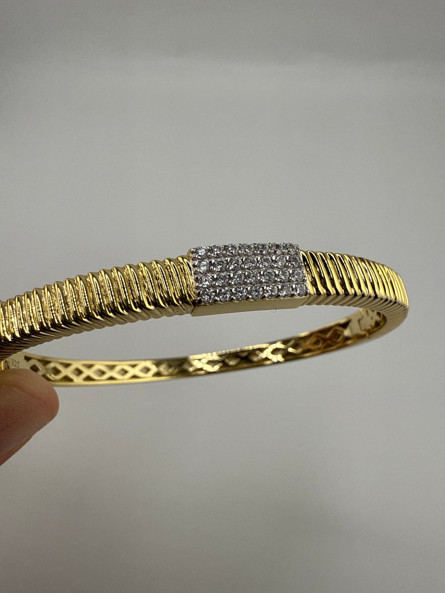 Sterling Silver, Rectangle Pave Zirconia, Lined Bangle - Gold Plated