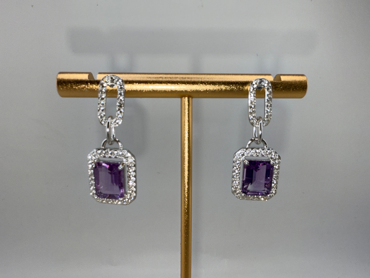Sterling Silver Emerald-Cut 7x9 Amethyst, White Topaz Border, Dangle Earrings