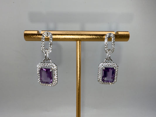 Sterling Silver Emerald-Cut 7x9 Amethyst, White Topaz Border, Dangle Earrings