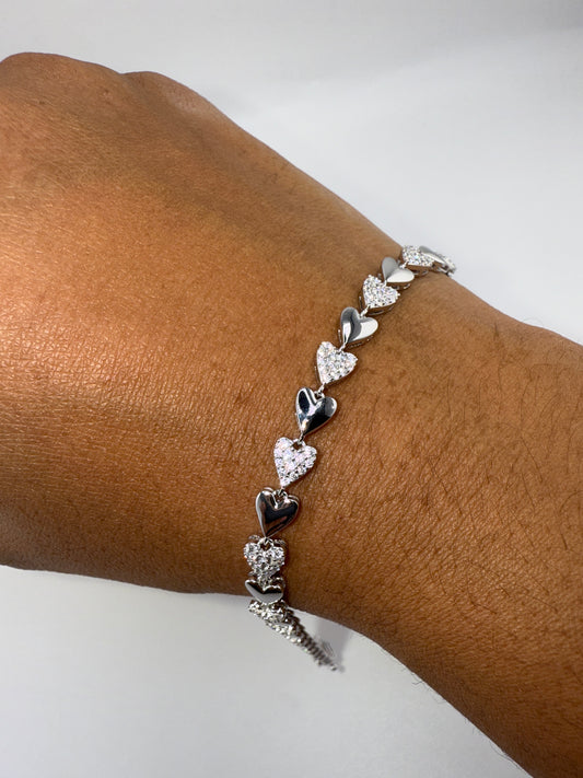 Sterling Silver Alternating Polished & Micro Pave Zirconia Heart Bracelet