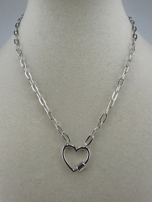 Sterling Silver, Heart Carabiner Paperclip Necklace