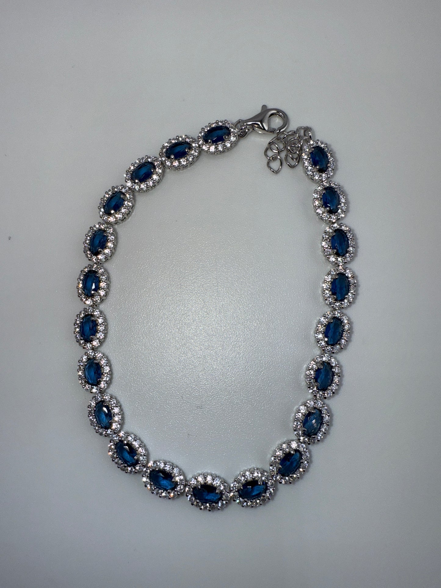 Sterling Silver, Oval Sapphire & White Zirconia Halo Bracelet