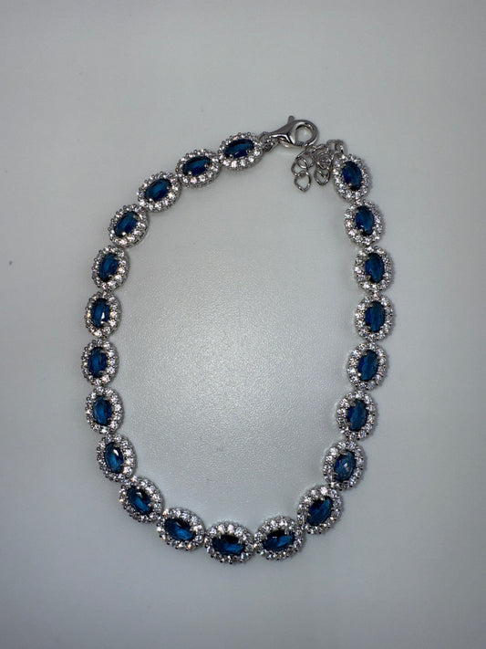 Sterling Silver, Oval Sapphire & White Zirconia Halo Bracelet