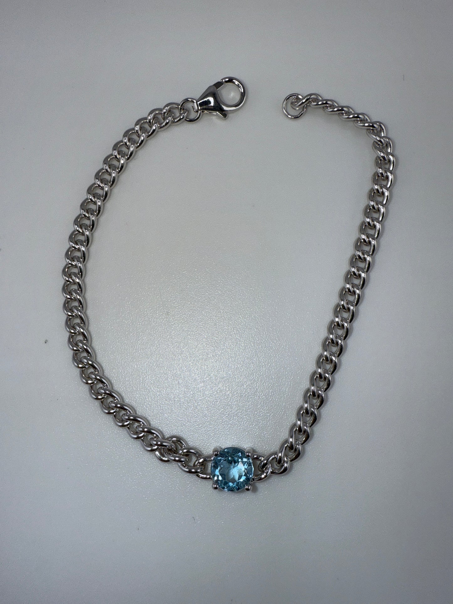 Sterling Silver Round Center Blue Topaz Chain Bracelet