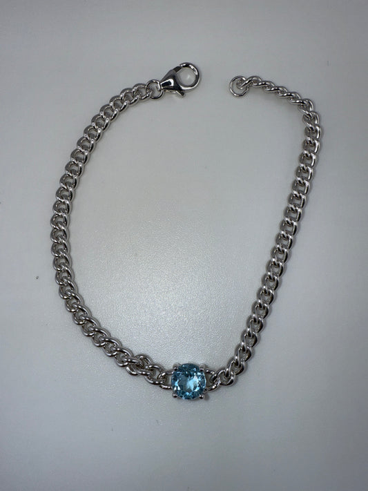 Sterling Silver Round Center Blue Topaz Chain Bracelet