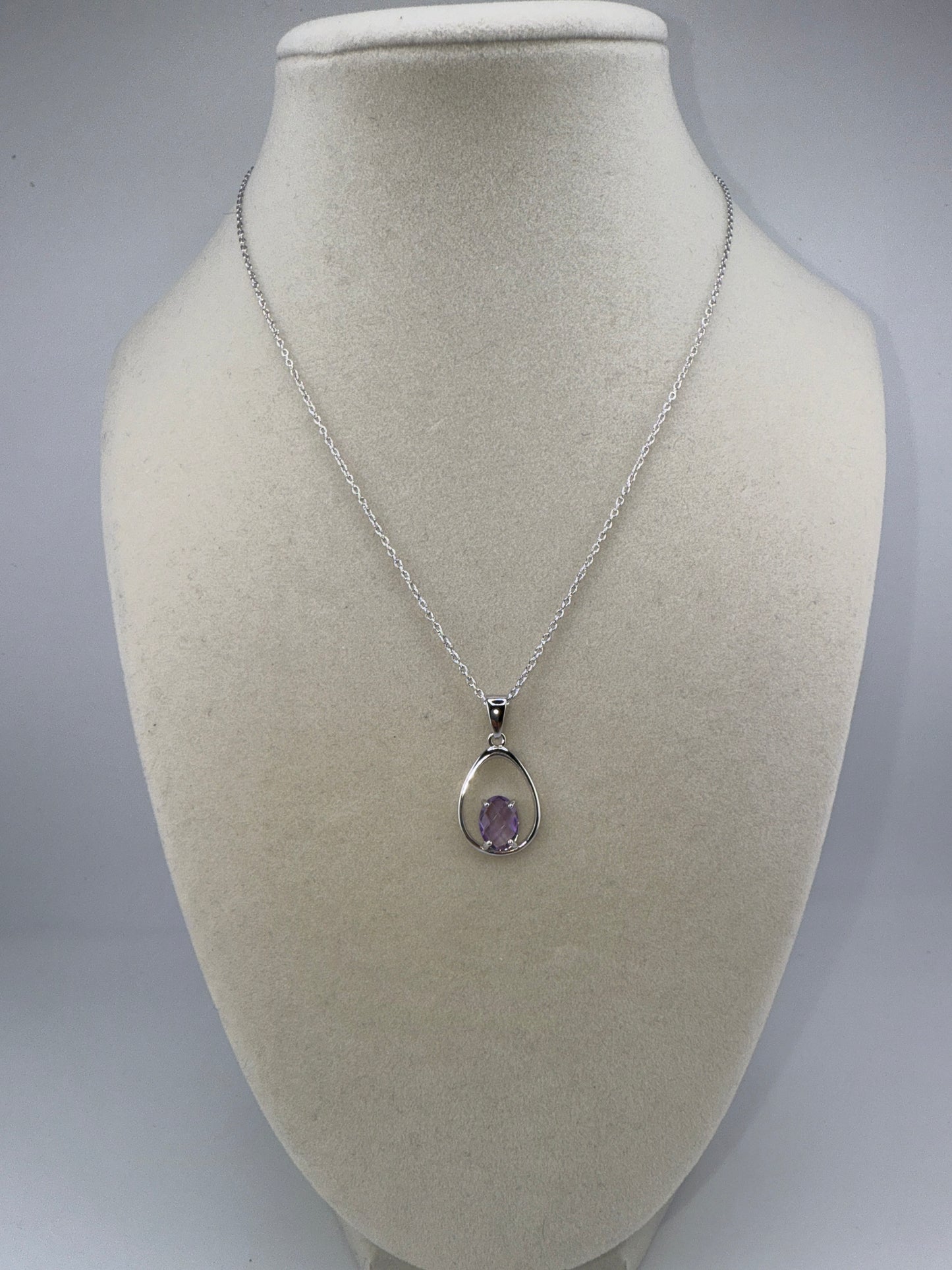 Sterling Silver Pear-Shaped, Four-Prong Gem Necklace, Amethyst