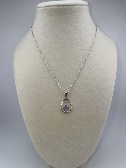 Sterling Silver Pear-Shaped, Four-Prong Gem Necklace, Amethyst