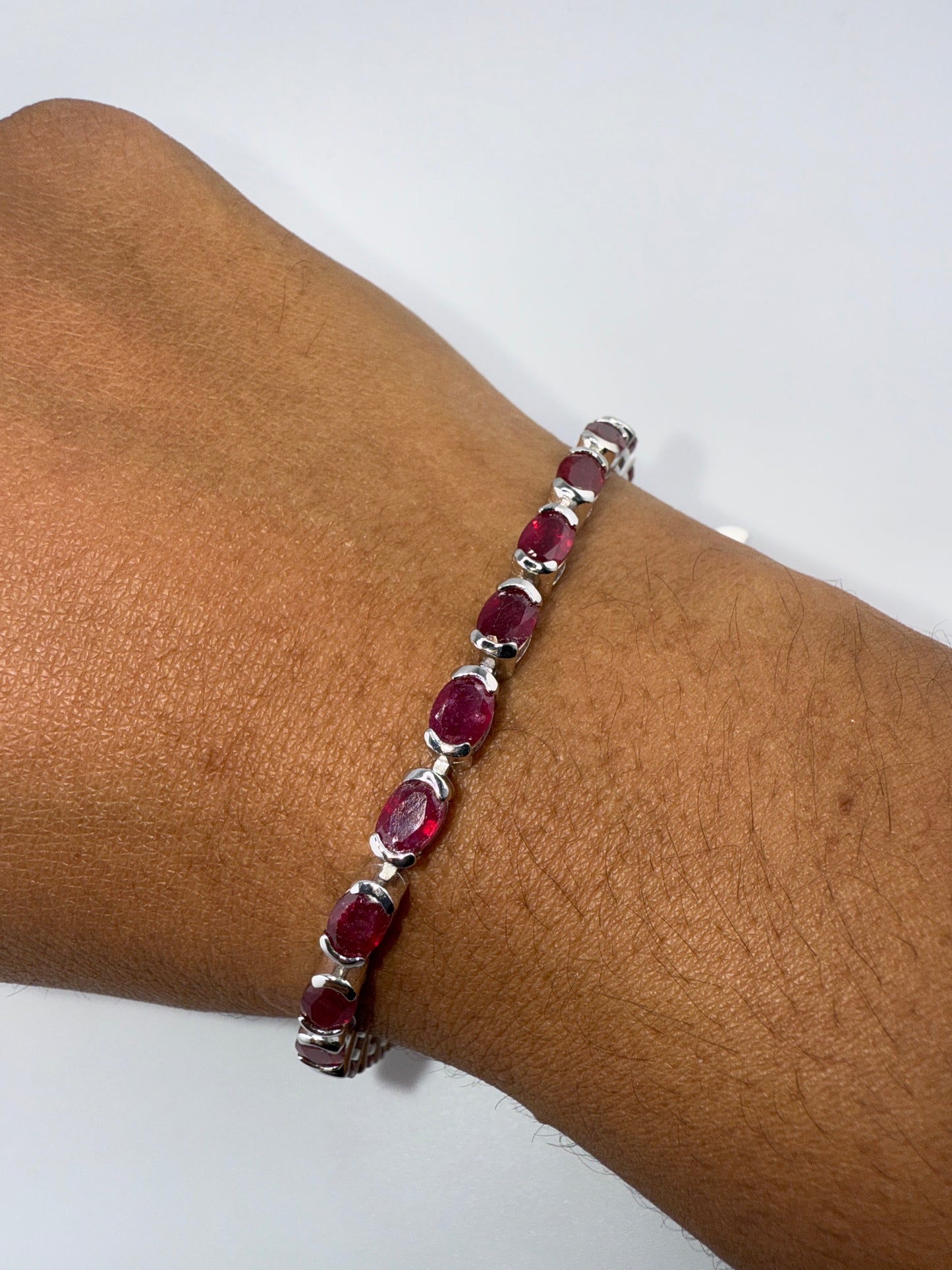 Sterling Silver Oval Bracelet with Glass Filled Ruby