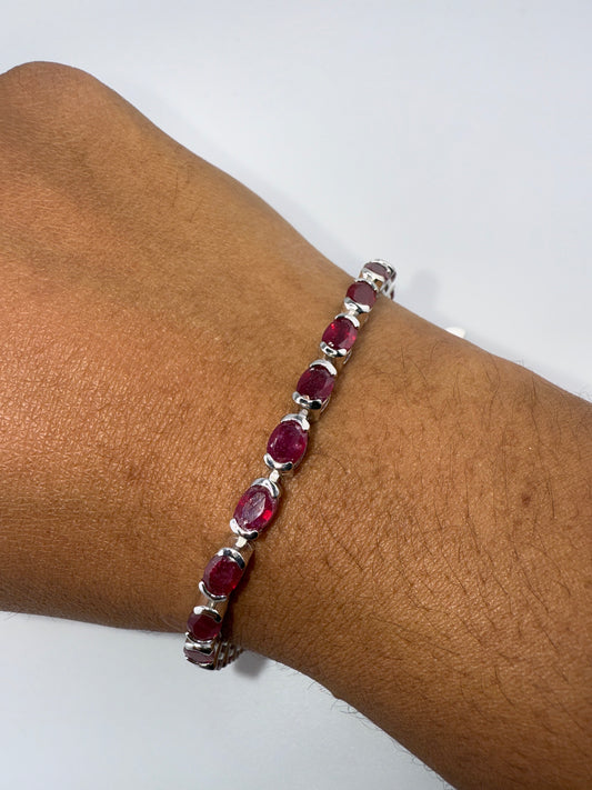 Sterling Silver Oval Bracelet with Glass Filled Ruby