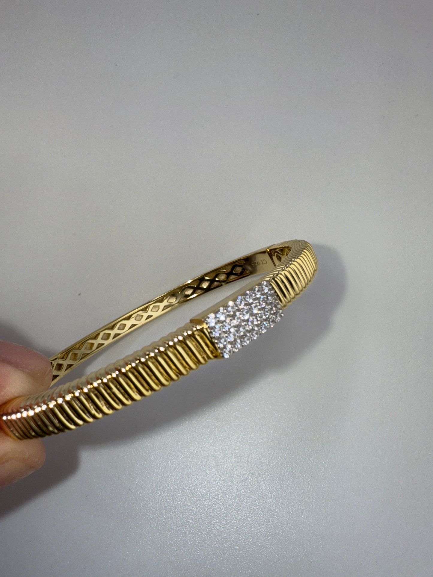 Sterling Silver, Rectangle Pave Zirconia, Lined Bangle - Gold Plated