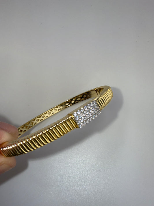 Sterling Silver, Rectangle Pave Zirconia, Lined Bangle - Gold Plated