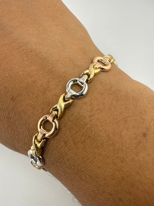 14k gold tri-color open link bracelet | rose gold, yellow gold, white gold | 7.25 inches