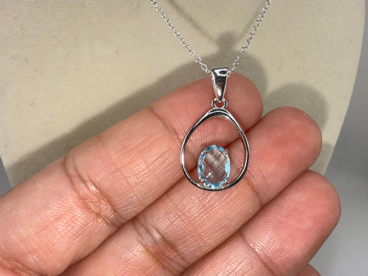 Sterling Silver, Pear-Shaped, Four-Prong Gem Necklace, Blue Topaz