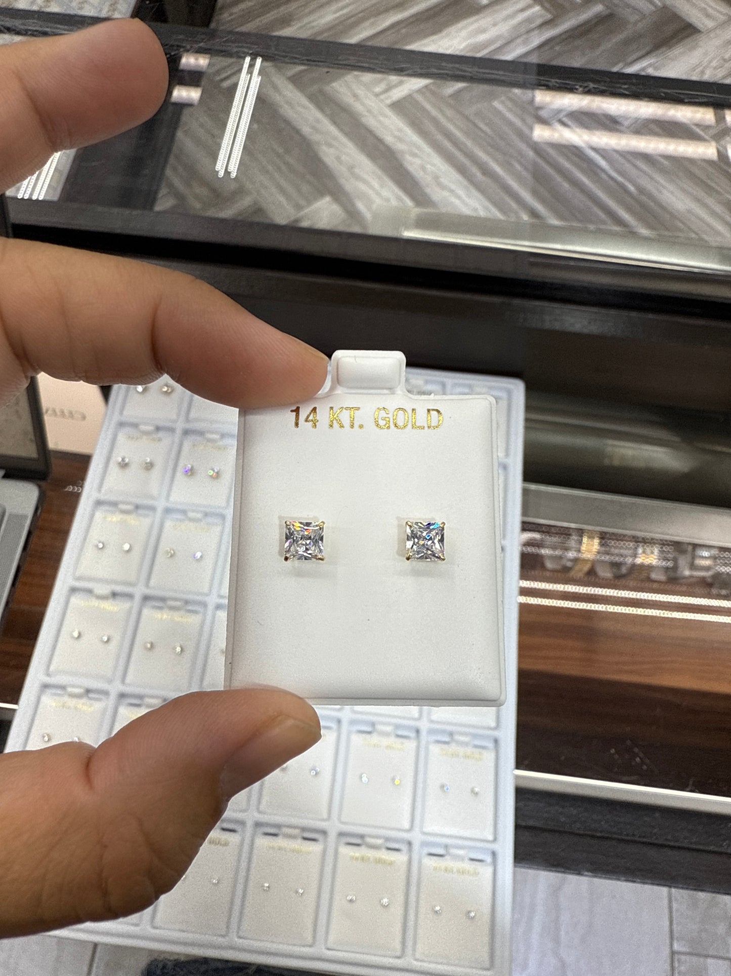 Baby earrings, zirconia, square stone