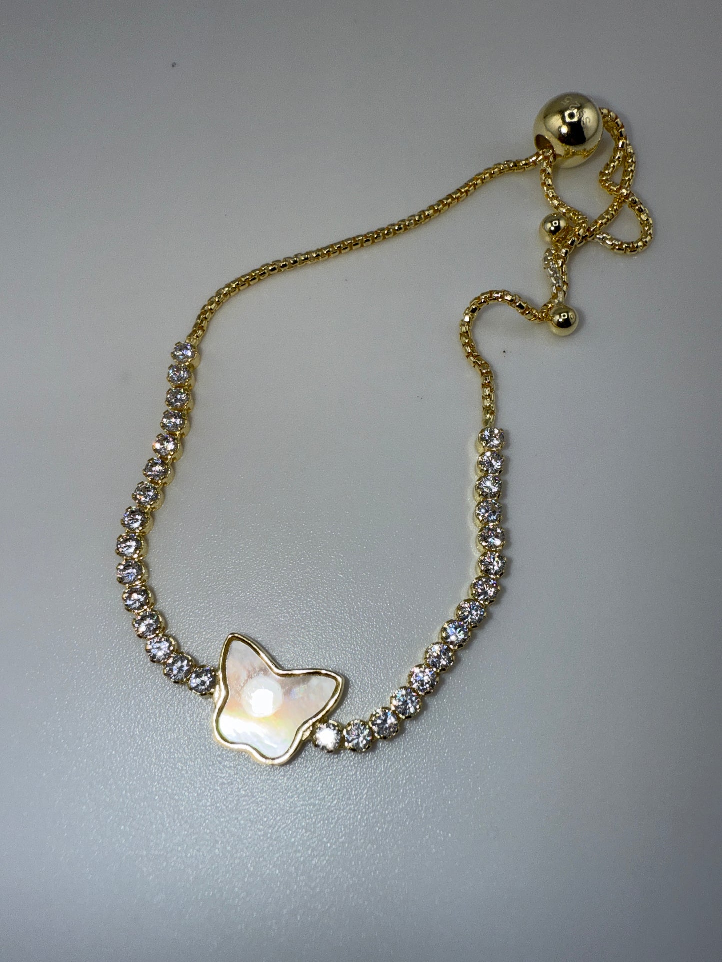 Sterling Silver, Butterfly MOP Center, Zirconia Adjustable Bolo Bracelet - Gold Plated