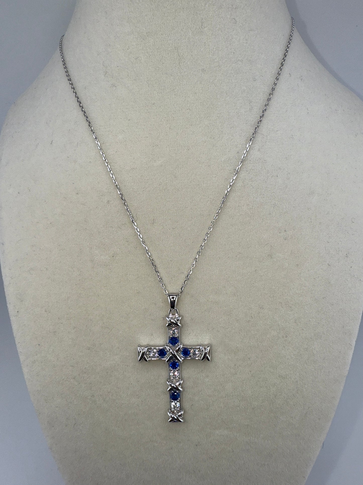 Sterling Silver Zirconia and Sapphire Cross Necklace