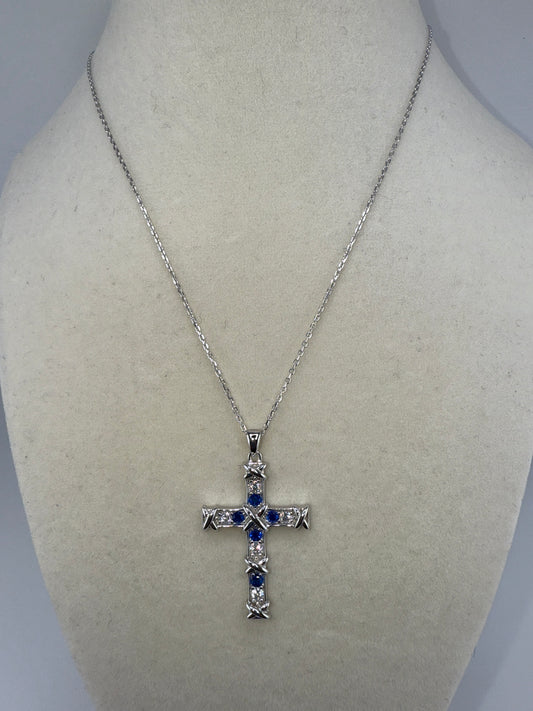 Sterling Silver Zirconia and Sapphire Cross Necklace