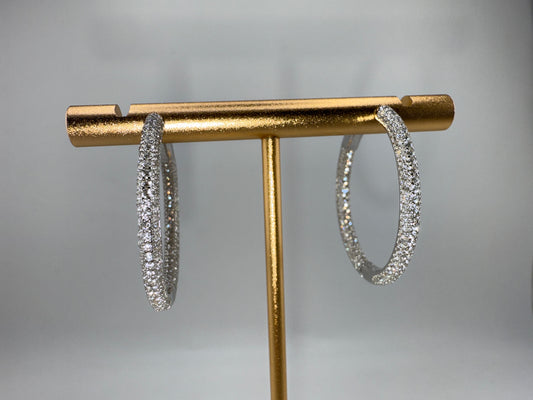 Sterling Silver 3x30mm Inside-Outside Micro Pave Zirconia Hoop Earrings
