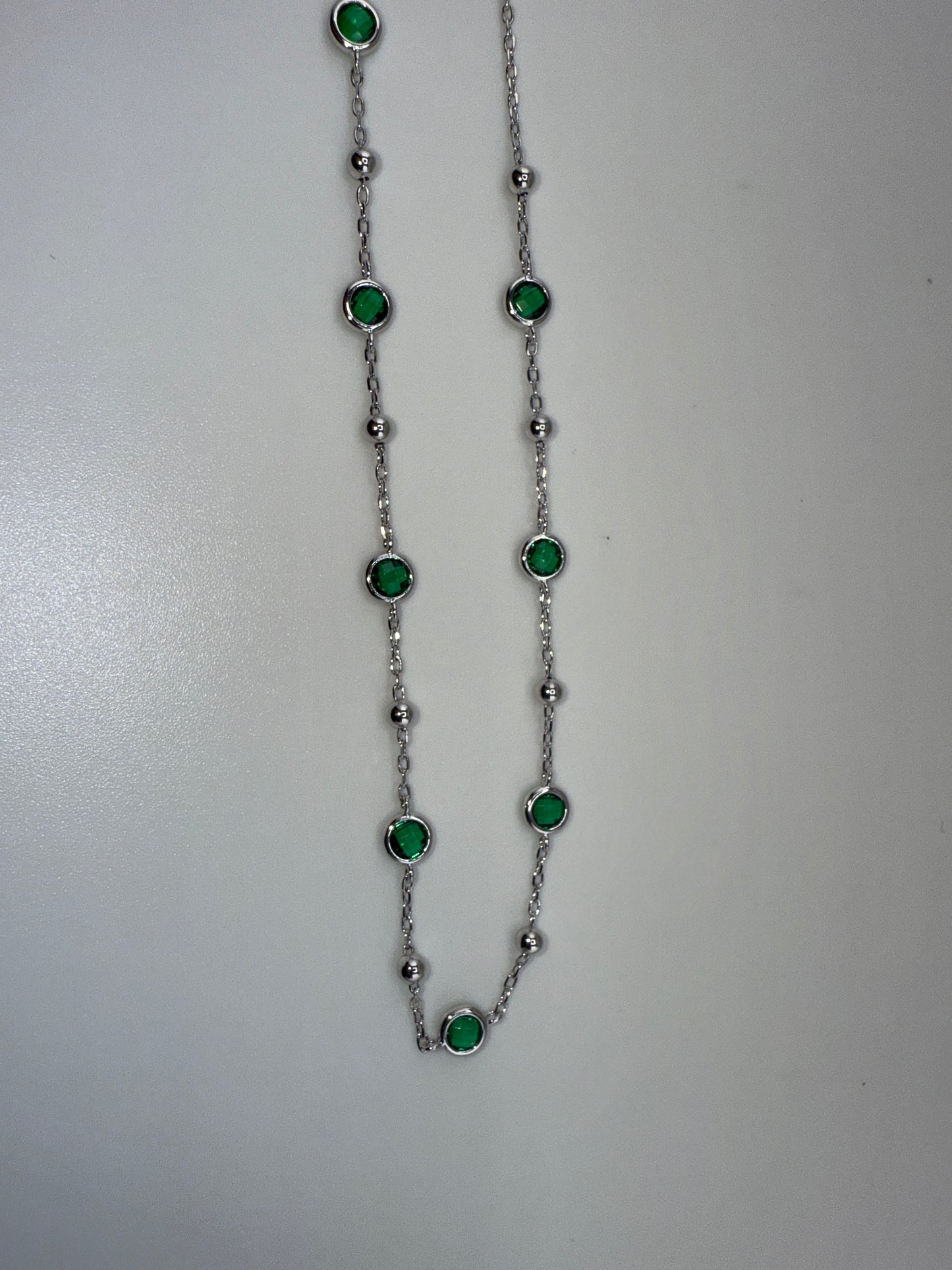 Sterling Silver, Bezel-set Zirconia & Bead Station Necklace, Emerald