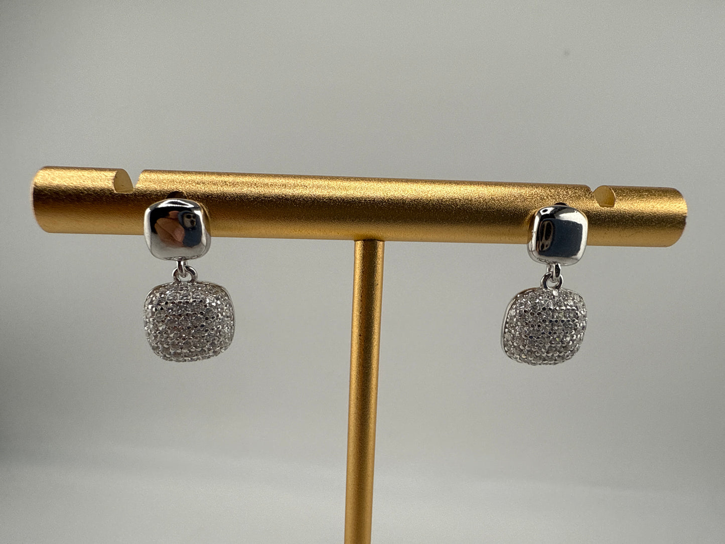 Sterling Silver, Polished & Zirconia Double Square Earrings