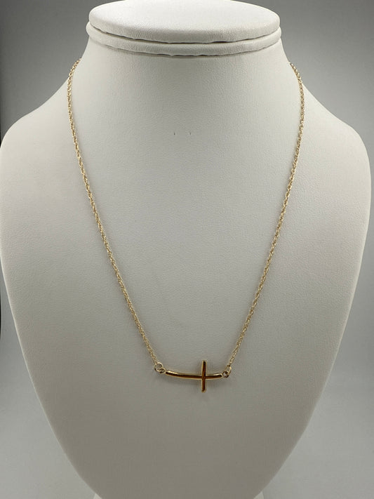Sterling Silver YG-plated Large Sideways Curved Cross Pendant and Chain