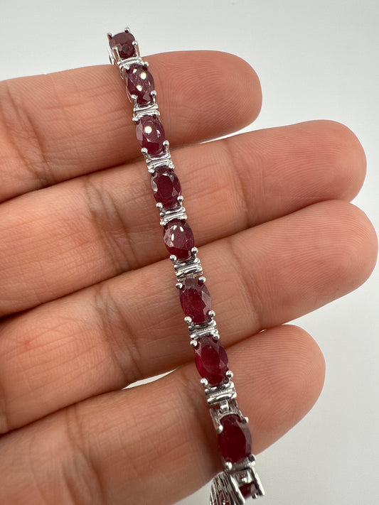 Sterling Silver Oval Glass Filled Ruby Bracelet