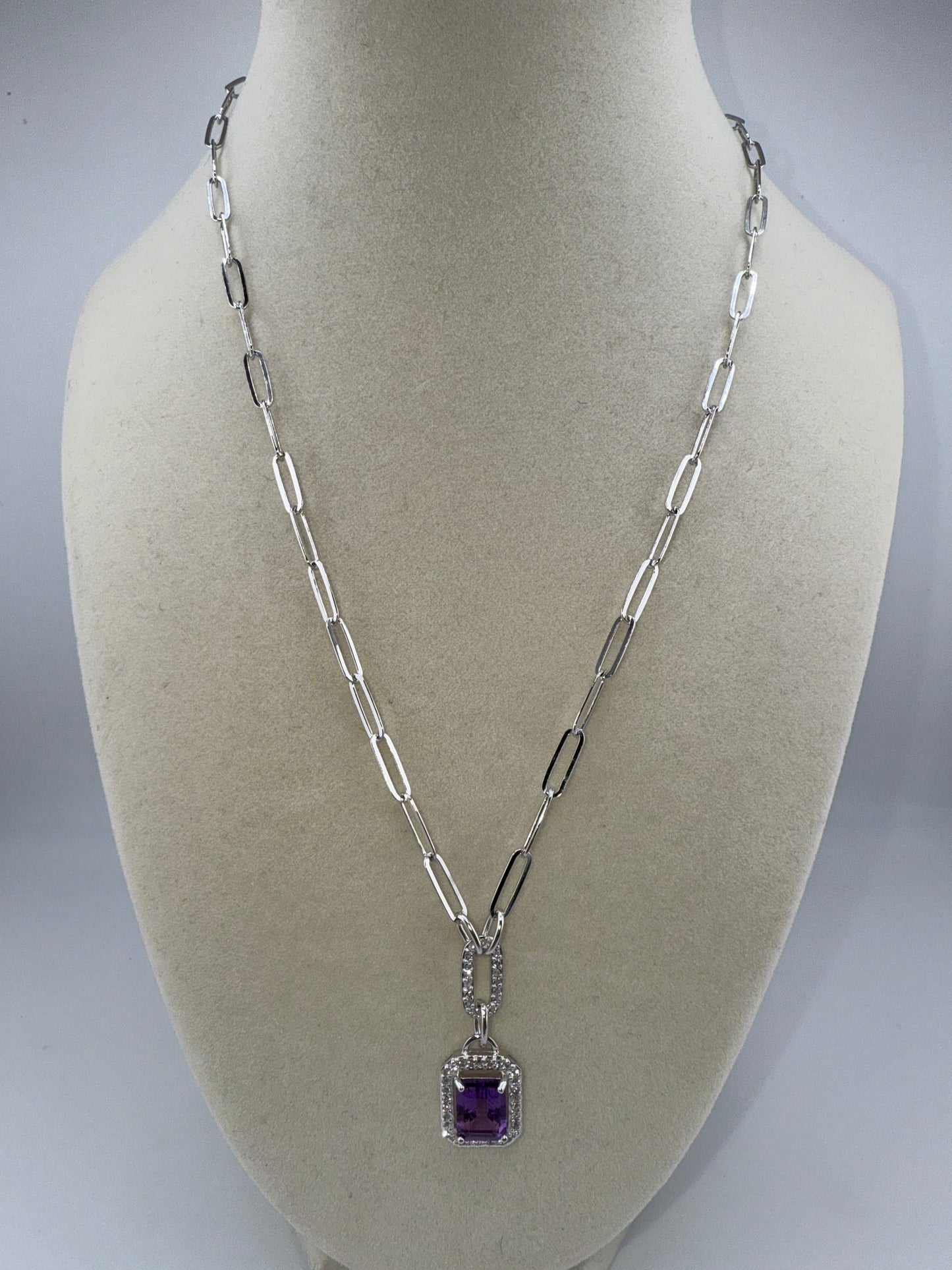 Sterling Silver Emerald-Cut 7x9 Amethyst, White Topaz Border, Paperclip Necklace