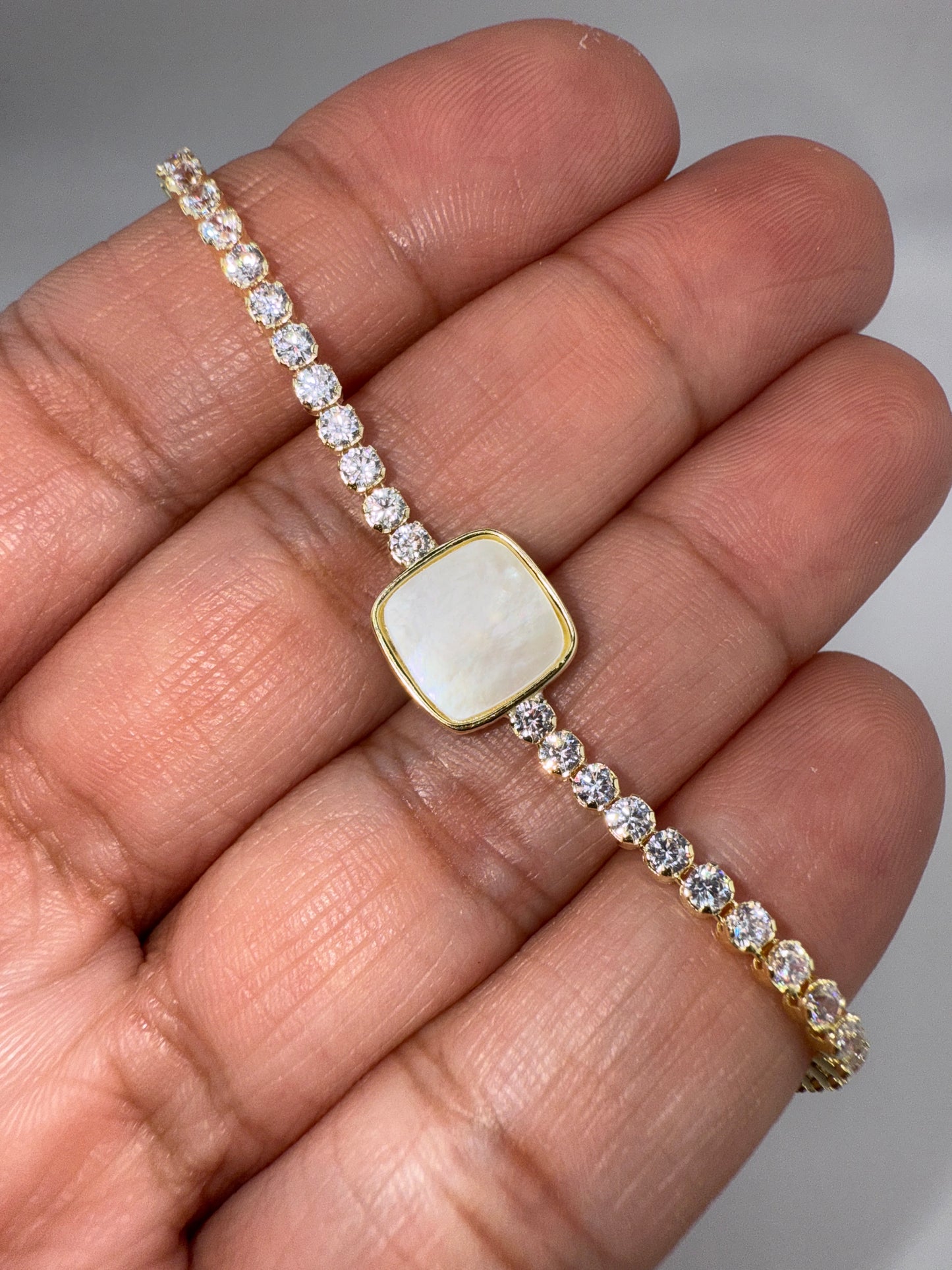 Sterling Silver, Square MOP Center, Zirconia Adjustable Bolo Bracelet - Gold Plated