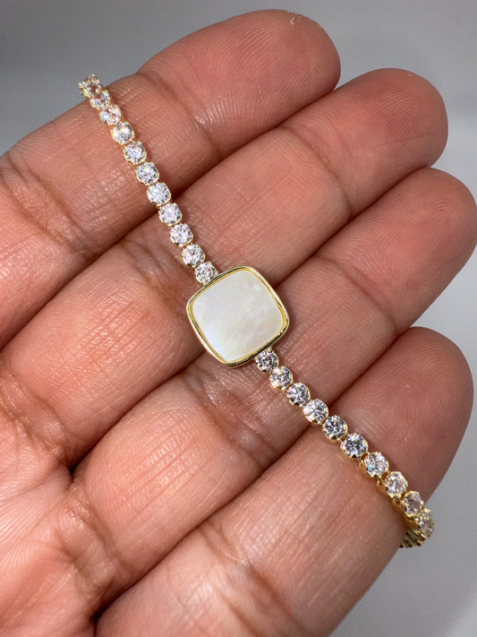 Sterling Silver, Square MOP Center, Zirconia Adjustable Bolo Bracelet - Gold Plated