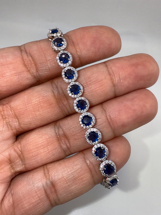 Sterling Silver Round Halo White & Sapphire Zirconia Linked Bracelet
