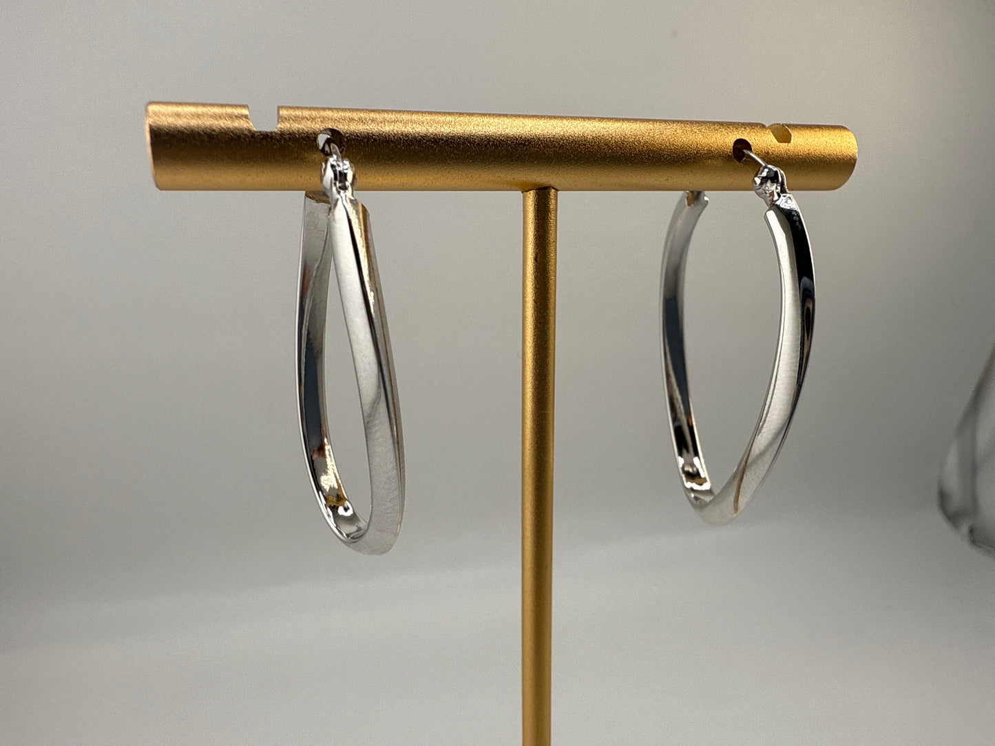 Sterling Silver 35mm Oval Twist Hoop Earrings - Rhodium Plated