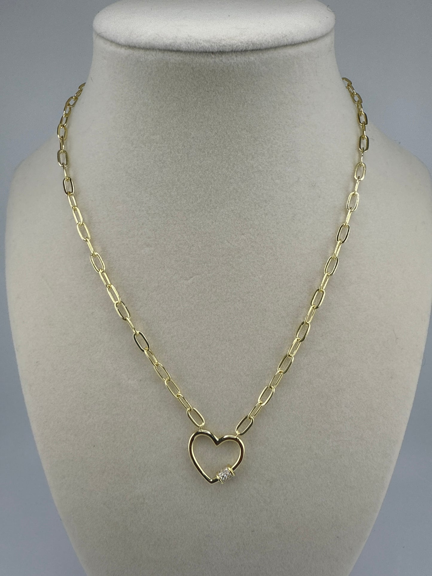 Gold Plated Sterling Silver Micro Pave Zirconia Heart Carabiner Paperclip Necklace