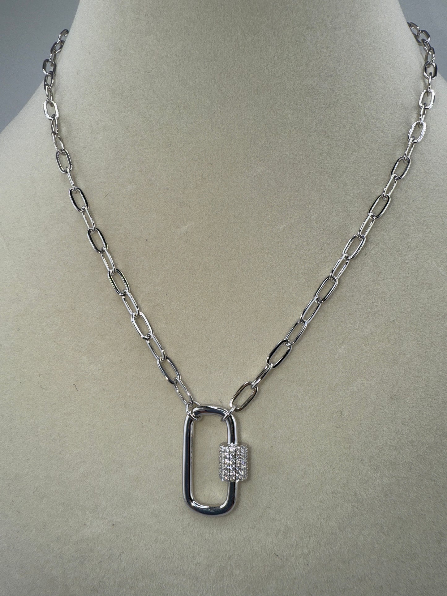 Sterling Silver Micro Pave Zirconia Oval Carabiner Paperclip Necklace