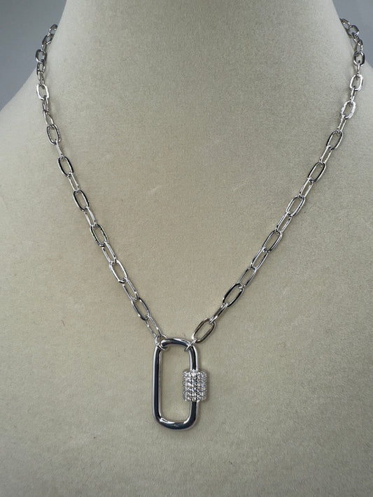 Sterling Silver Micro Pave Zirconia Oval Carabiner Paperclip Necklace