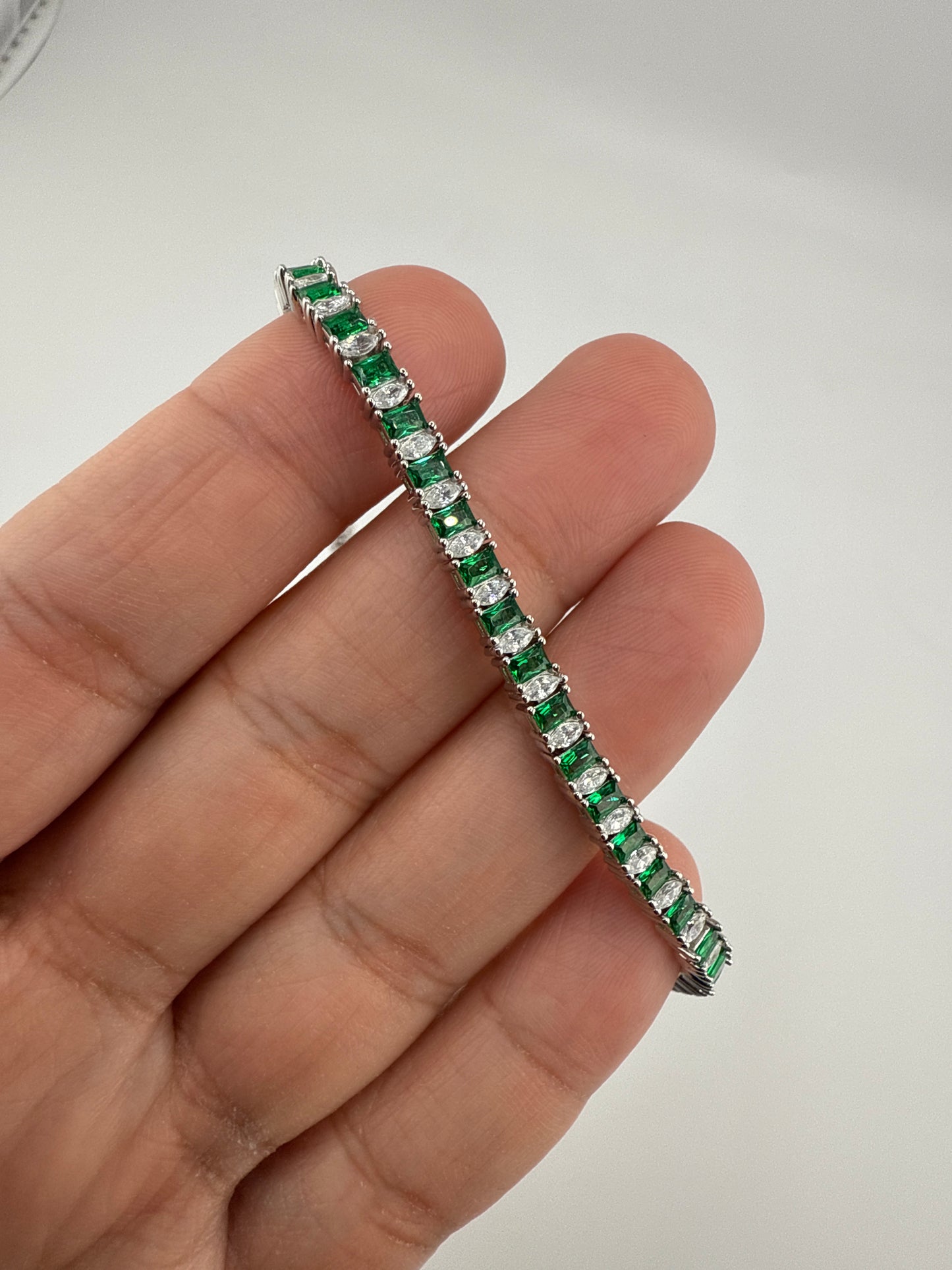 Sterling Silver Emerald Zirconia Rectangle and Marquis Tennis Bracelet