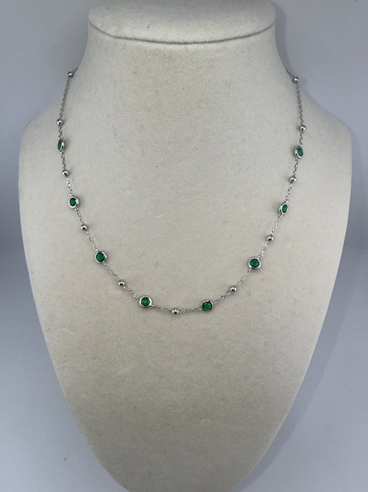 Sterling Silver, Bezel-set Zirconia & Bead Station Necklace, Emerald