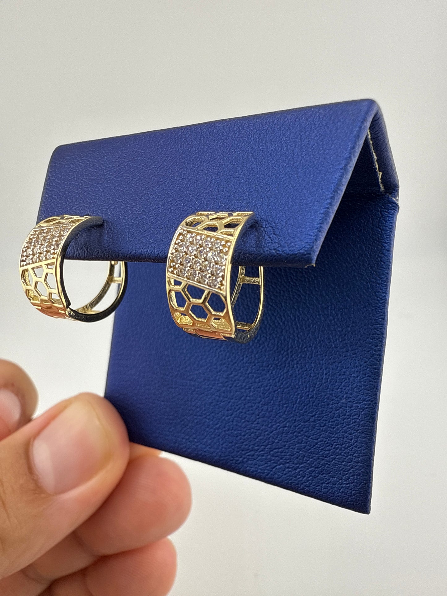 14k yellow gold and zirconia huggie earrings, honeycomb design