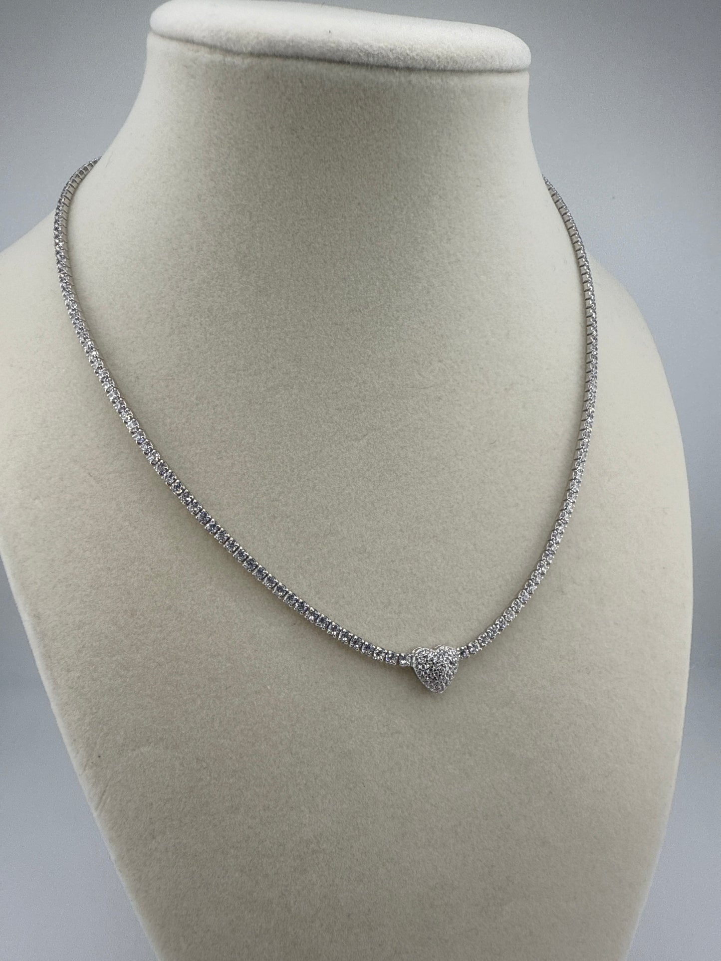 Sterling Silver, Heart Zirconia Tennis Necklace