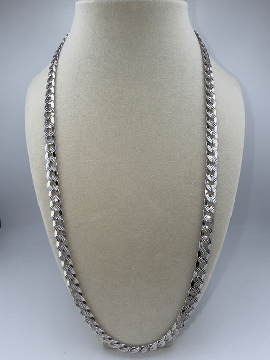 Sterling Silver 24inch 7.5mm Textured & Polished Cuban Chain, Rodium-Plated