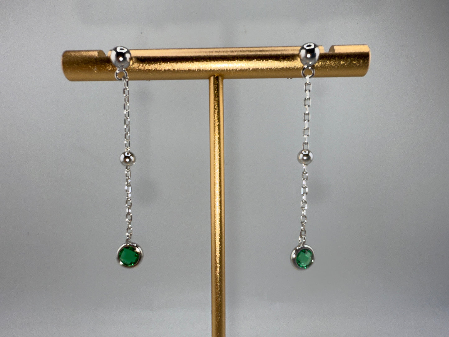 Sterling Silver Bezel-Set Zirconia & Bead Chain Earrings - Emerald