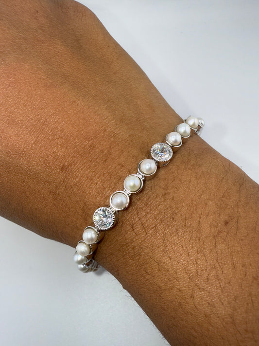 Sterling Silver, Pearl and Zirconia Beaded Outline Bracelet