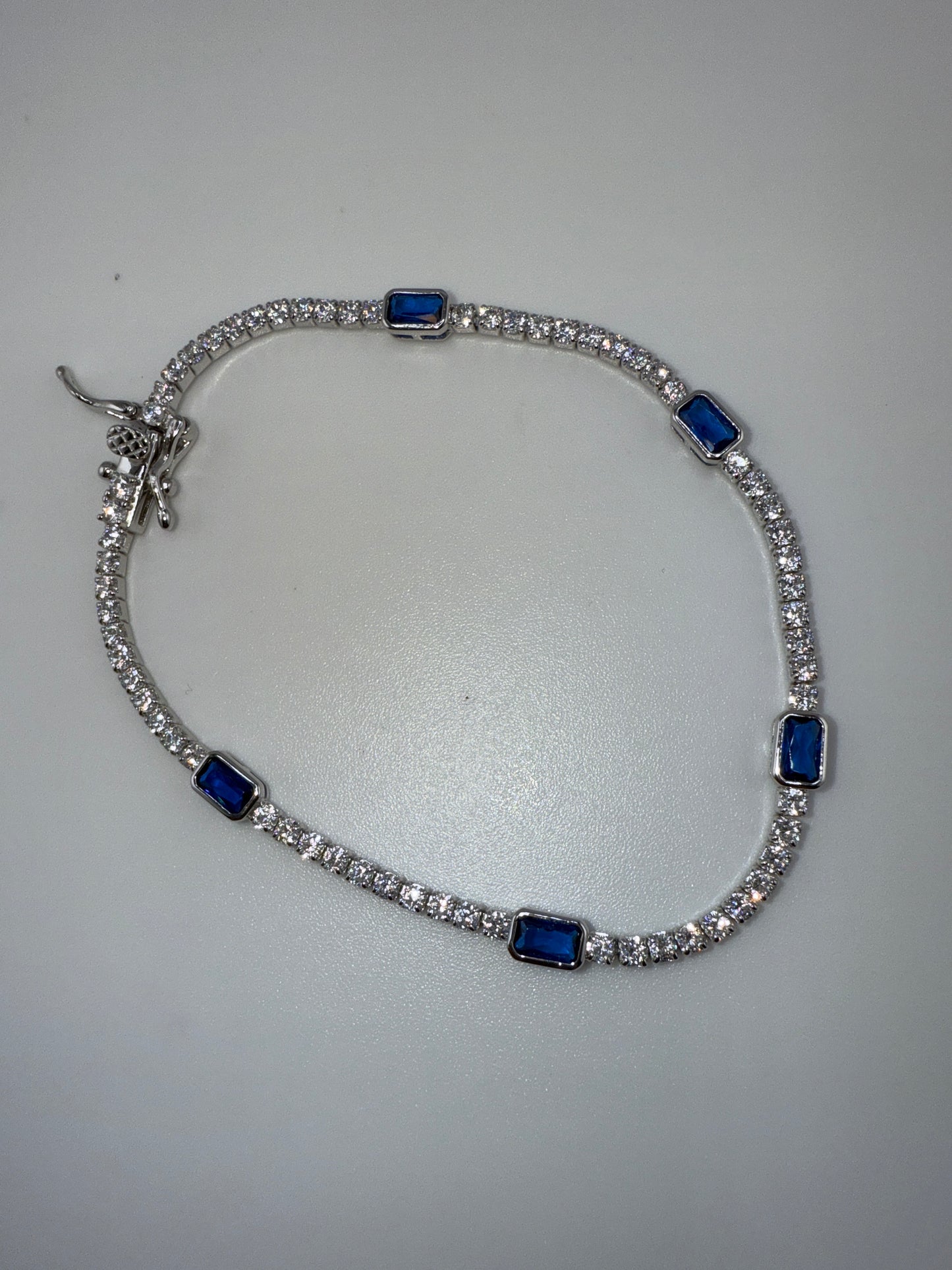 Sterling Silver Rectangle Bezel-set & Round Zirconia Bracelet - Sapphire