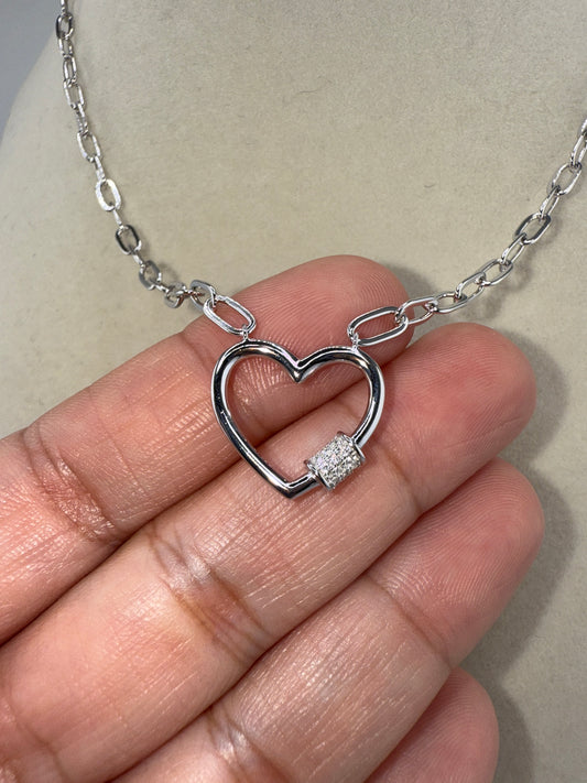 Sterling Silver Micro Pave Zirconia Heart Carabiner Paperclip Necklace