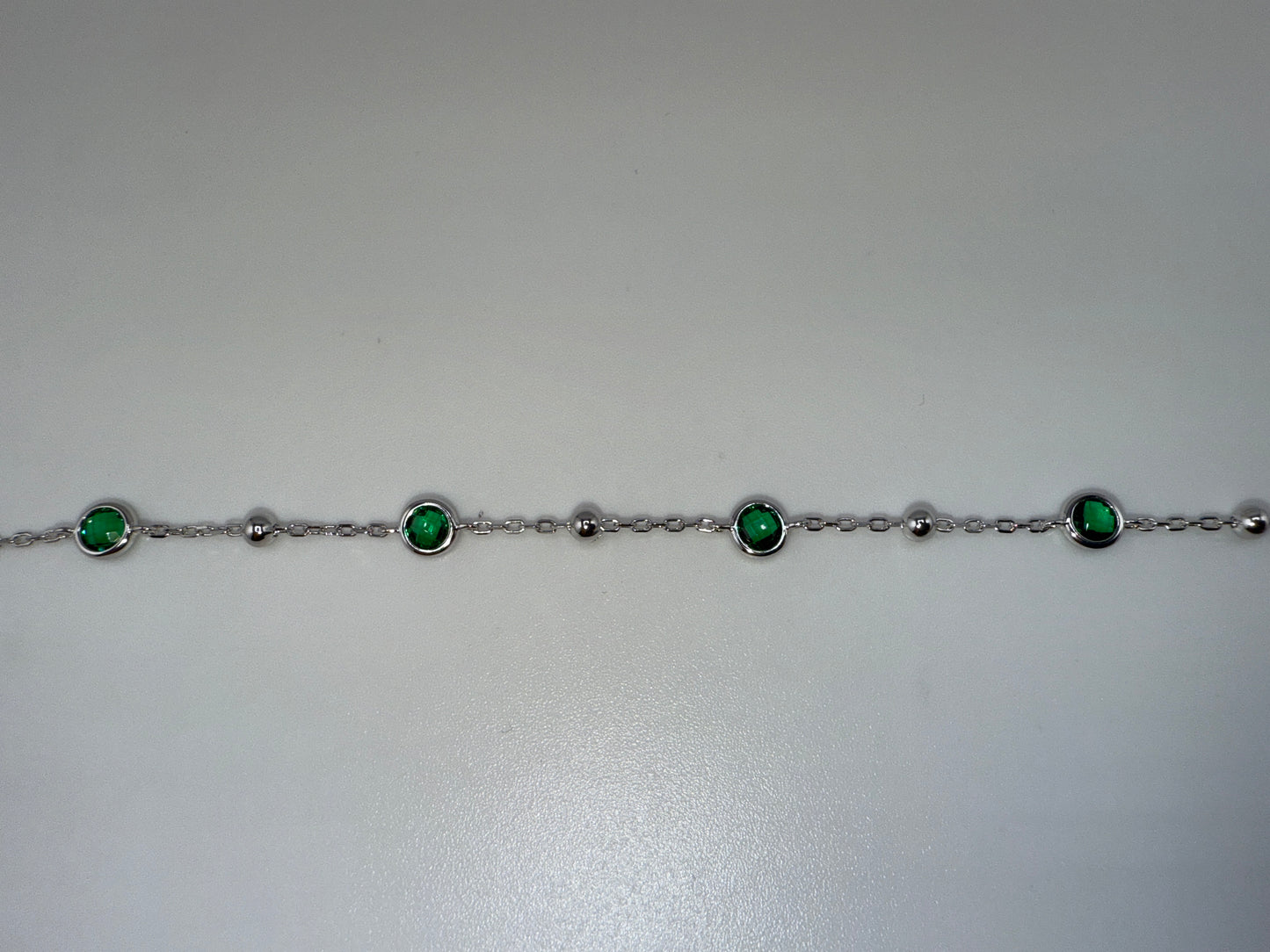 Sterling Silver Bezel-Zirconia & Bead Bracelet with Emerald