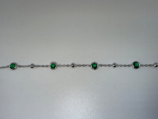 Sterling Silver Bezel-Zirconia & Bead Bracelet with Emerald