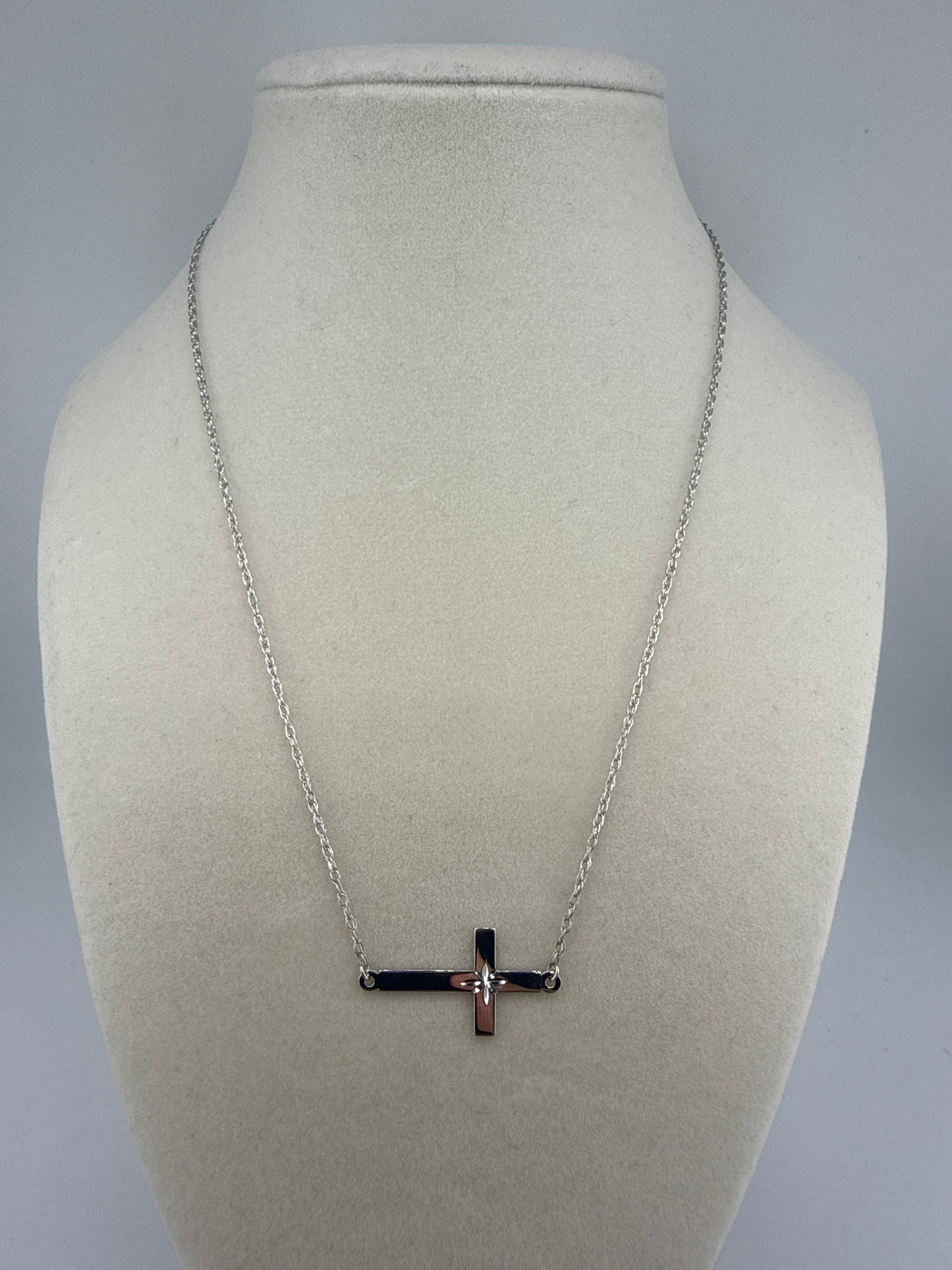 Sterling Silver Rhodium-plated Large Sideways Cross Necklace