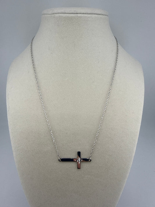 Sterling Silver Rhodium-plated Large Sideways Cross Necklace