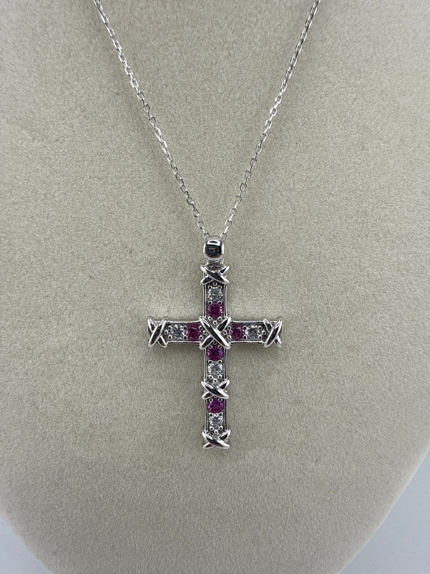 Sterling Silver Zirconia and Pink Topaz Cross Necklace