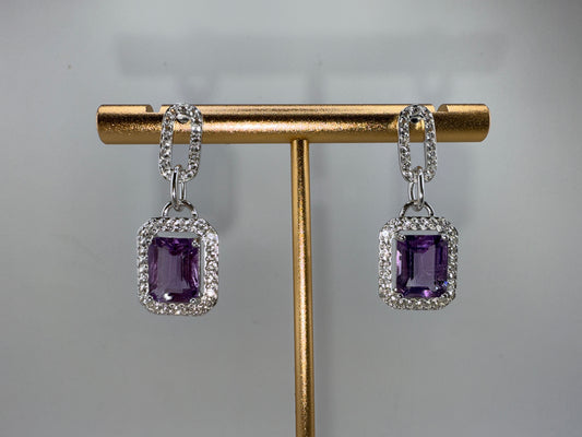 Sterling Silver Emerald-Cut 7x9 Amethyst, White Topaz Border, Dangle Earrings